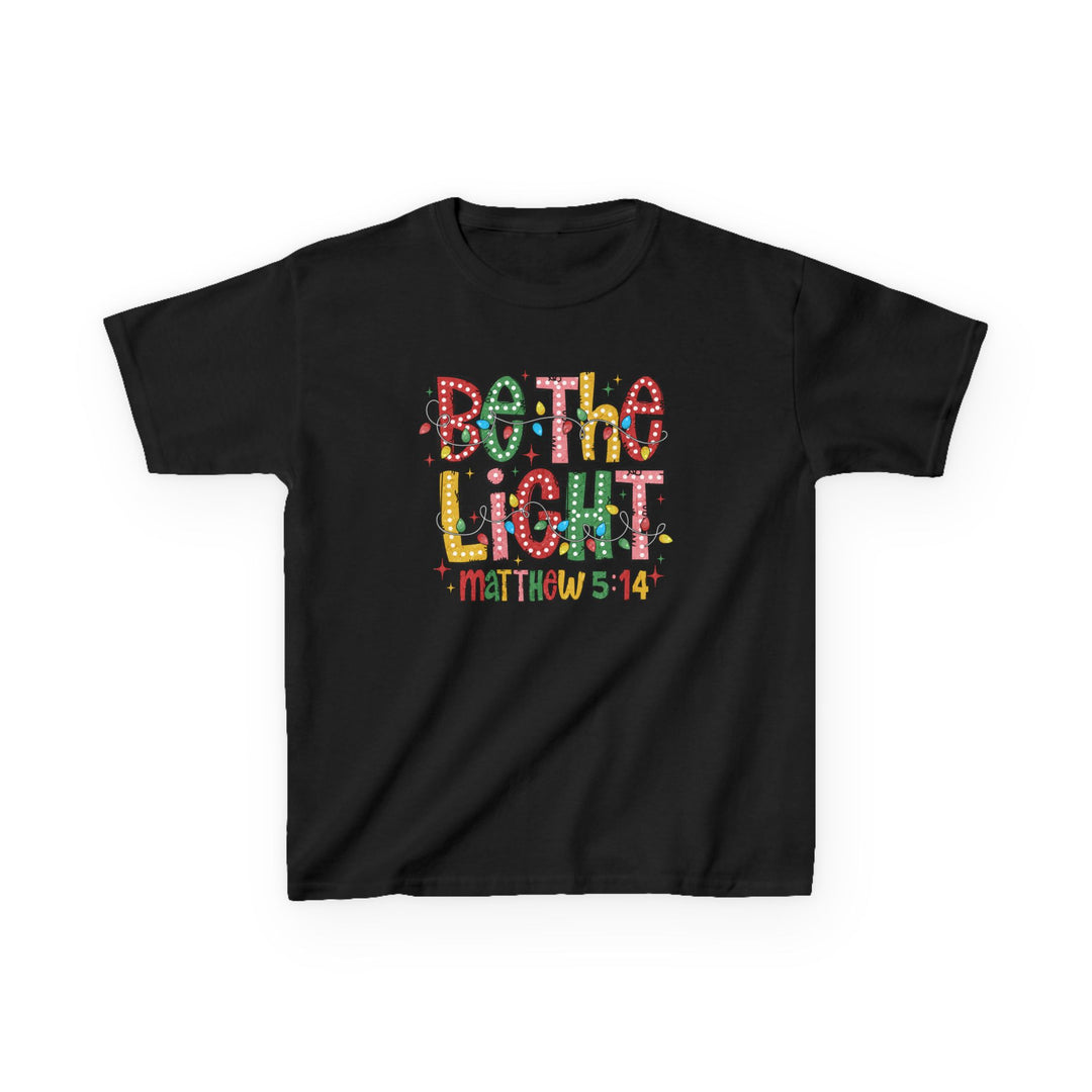 Be the Light Kids Tee featuring festive 'Be the Light' design with colorful bulbs and 'Matthew 5:14' reference, perfect for a cheerful, everyday look.