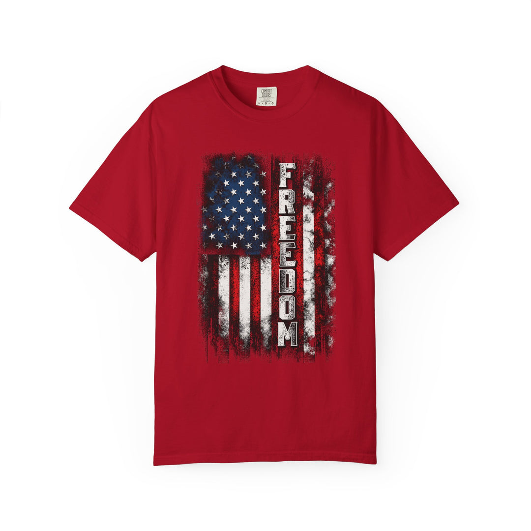 Red Comfort Colors Freedom Tee with distressed U.S. flag graphic and vertically stacked FREEDOM letters, offering a relaxed fit and soft-washed feel.
