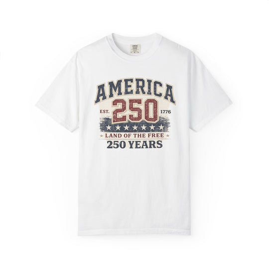 America 250 Years Tee features a distressed patriotic print celebrating America's 250th anniversary, with stars and a weathered flag motif.