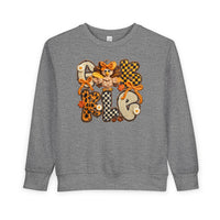 Gobble Toddler Crew heather-gray sweatshirt with crochet GOBBLE design and turkey motif, offering warmth and style for toddlers.
