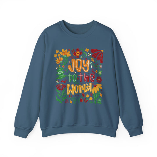 Slate-blue crewneck sweatshirt featuring a festive Joy to the World graphic with floral motifs, gifts, and holiday symbols, offering comfort and style for colder months.