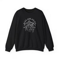 A black crewneck sweatshirt with white text, featuring a cross and mountains logo. Unisex Rise and Shine Crew made of 50% cotton, 50% polyester blend, ribbed knit collar, and no itchy side seams. Sizes from S to 5XL.