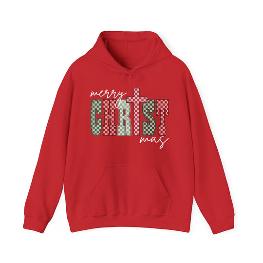 Red Christmas Hoodie with merry CHRISTmas graphic in festive colors, featuring a kangaroo pocket and drawstring hood for warmth and style.