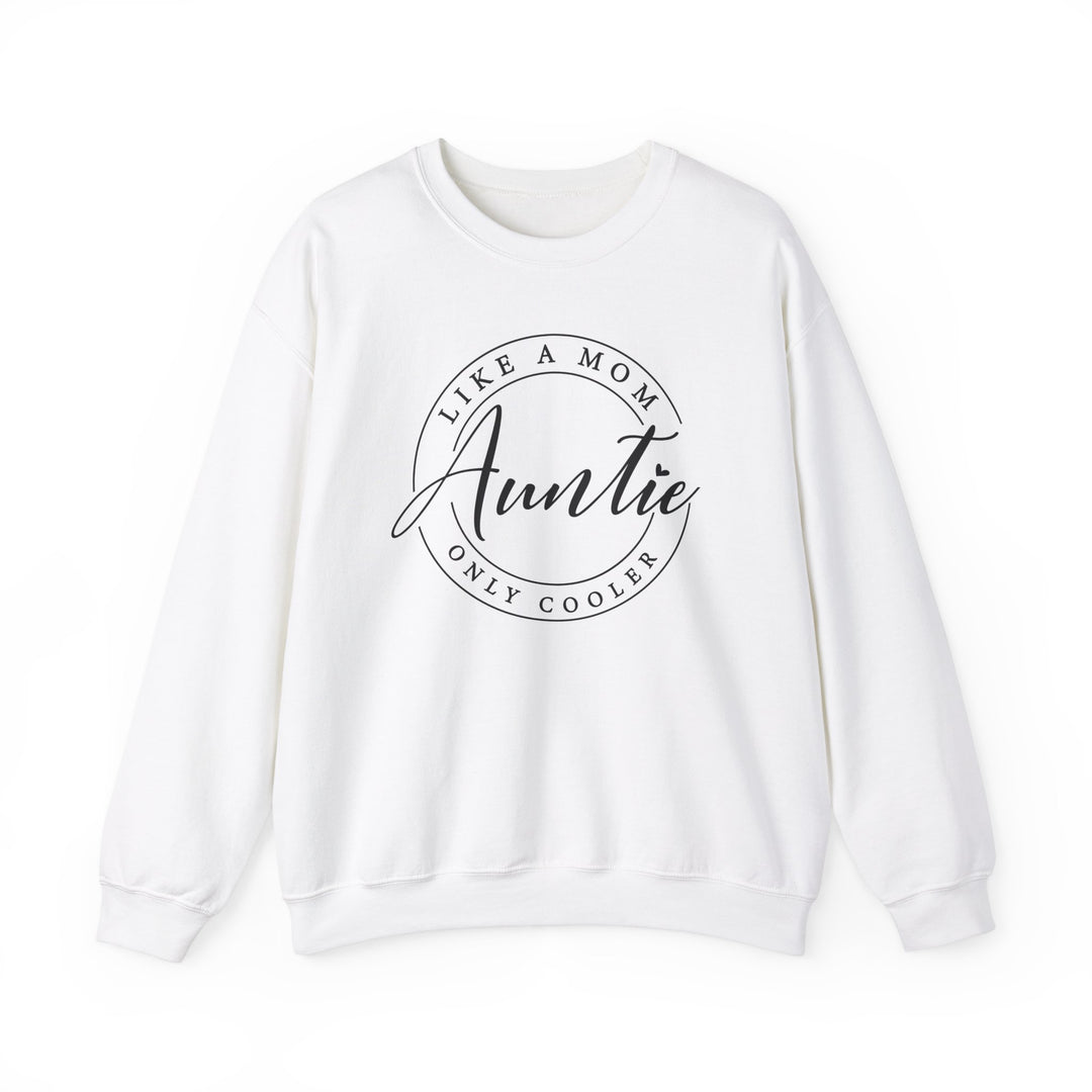 Unisex Auntie Crew white sweatshirt with black text, featuring ribbed knit collar and a comfortable polyester-cotton blend, suitable for various sizes.