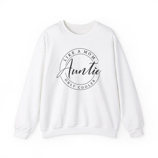 Unisex Auntie Crew white sweatshirt with black text, featuring ribbed knit collar and a comfortable polyester-cotton blend, suitable for various sizes.