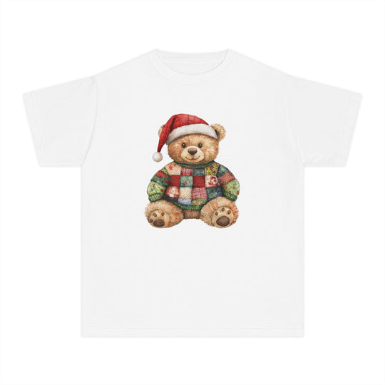 Christmas Bear Kids Tee features a teddy bear in a Santa hat and patchwork sweater, printed on a soft, comfortable white T-shirt, perfect for kids' active days.