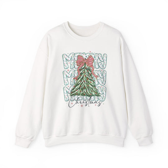 White crewneck sweatshirt with “MERRY” stacked thrice, holly sprigs, and a pine tree with red ornaments, gingham bow, and “Christmas” script below.