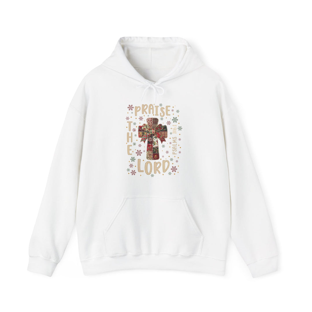 Praise the Lord Hoodie featuring a festive cross with a bow and snowflakes, PRAISE THE LORD, and PSALMS 150:6, offering warmth and style.