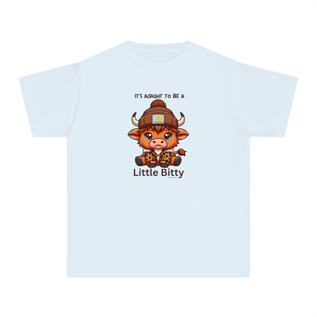 Little Bitty Kids Tee: White tee with a cartoon cow, perfect for active kids. 100% combed ringspun cotton, soft-washed, and garment-dyed. Classic fit for all-day comfort. Ideal for playtime or study sessions.
