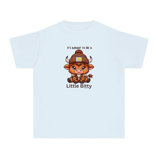 Little Bitty Kids Tee: White tee with a cartoon cow, perfect for active kids. 100% combed ringspun cotton, soft-washed, and garment-dyed. Classic fit for all-day comfort. Ideal for playtime or study sessions.