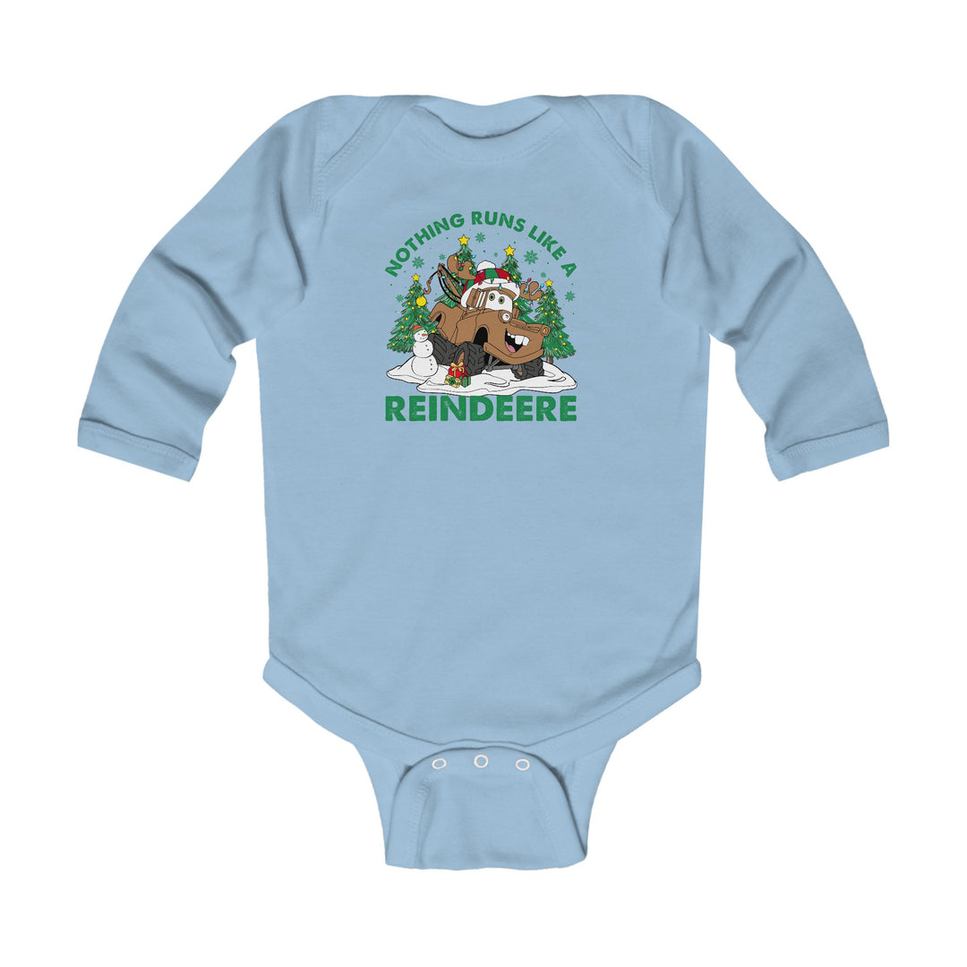 Reindeere Onesie: Light-blue baby bodysuit with reindeer-themed cartoon, featuring a tractor with antlers and Santa hat, snowman, and Christmas trees. Smooth, durable cotton fabric.