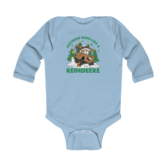 Reindeere Onesie: Light-blue baby bodysuit with reindeer-themed cartoon, featuring a tractor with antlers and Santa hat, snowman, and Christmas trees. Smooth, durable cotton fabric.