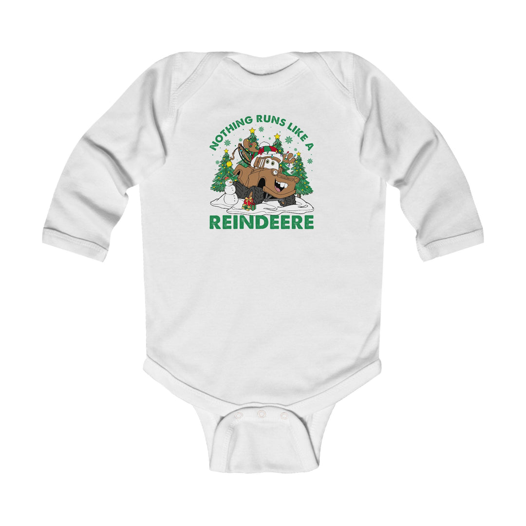 Reindeere Onesie: White infant bodysuit featuring a festive monster-truck reindeer graphic with a snowman and gifts, designed for comfort and durability.