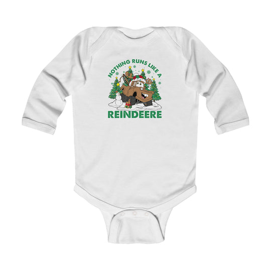 Reindeere Onesie: White infant bodysuit featuring a festive monster-truck reindeer graphic with a snowman and gifts, designed for comfort and durability.