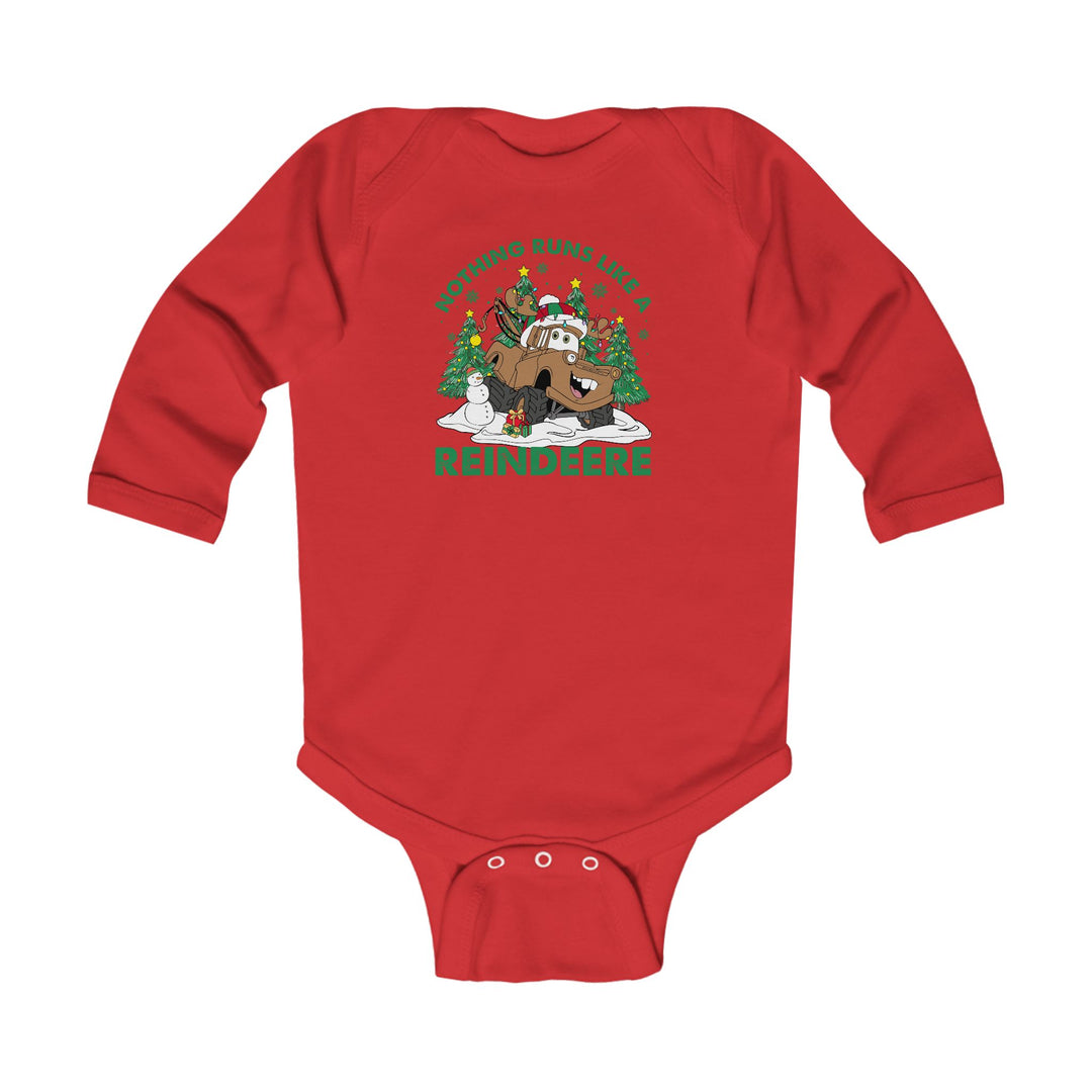 Reindeere Onesie: A playful baby bodysuit featuring a cartoon monster-truck reindeer in a festive scene, designed for durability and comfort with snap closures.