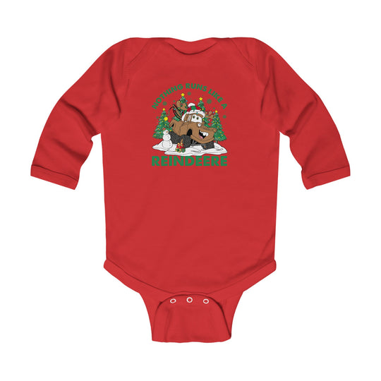 Reindeere Onesie: A playful baby bodysuit featuring a cartoon monster-truck reindeer in a festive scene, designed for durability and comfort with snap closures.