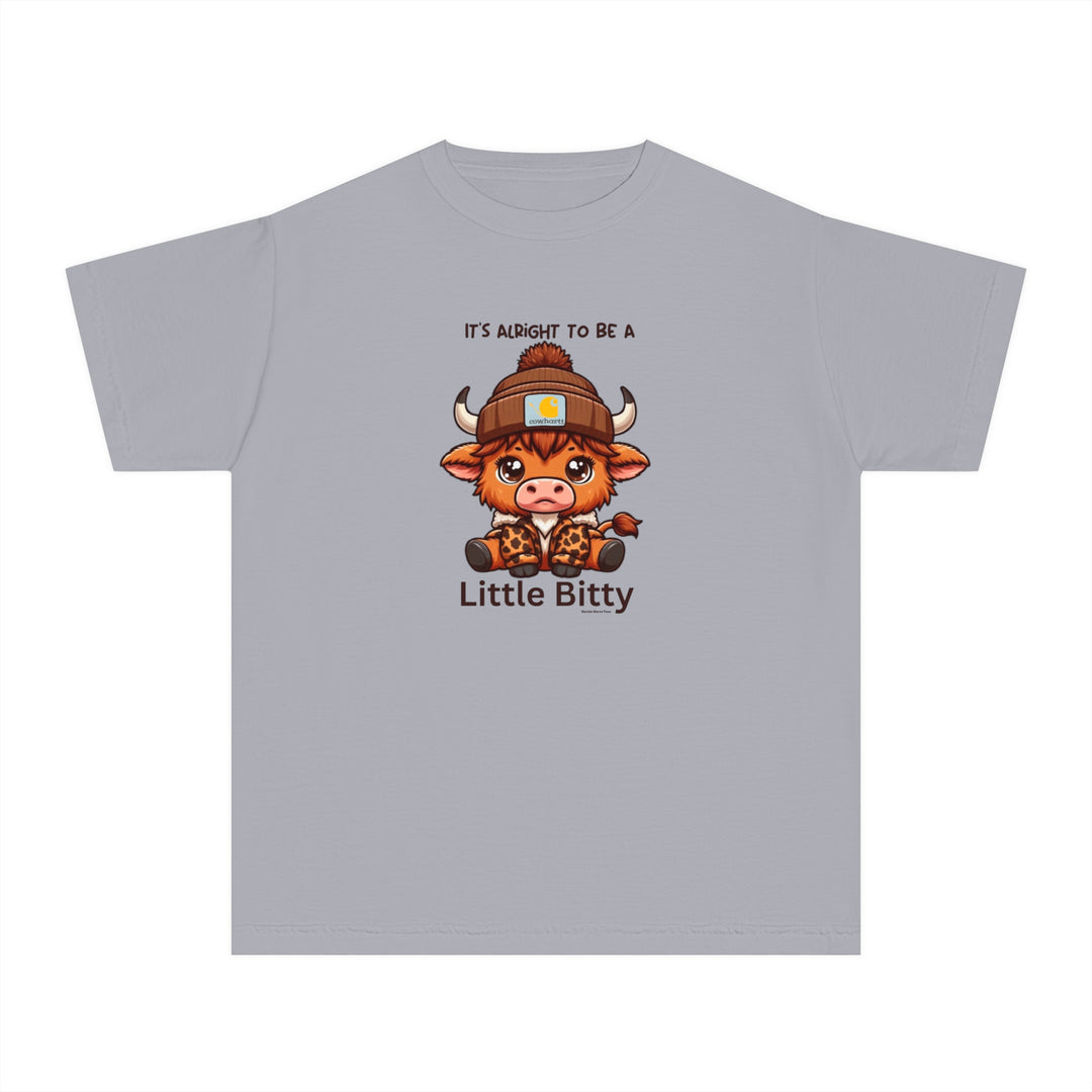 Little Bitty Kids Tee: A grey t-shirt featuring a cartoon cow and beanie, perfect for active kids. 100% combed ringspun cotton, soft-washed, and garment-dyed for comfort. Classic fit for all-day wear.