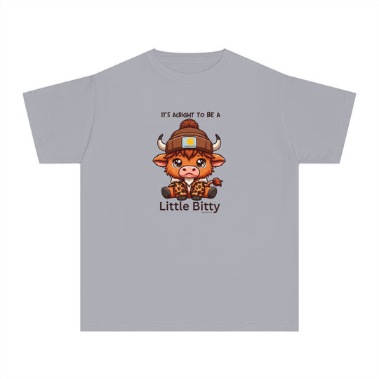 Little Bitty Kids Tee: A grey t-shirt featuring a cartoon cow and beanie, perfect for active kids. 100% combed ringspun cotton, soft-washed, and garment-dyed for comfort. Classic fit for all-day wear.