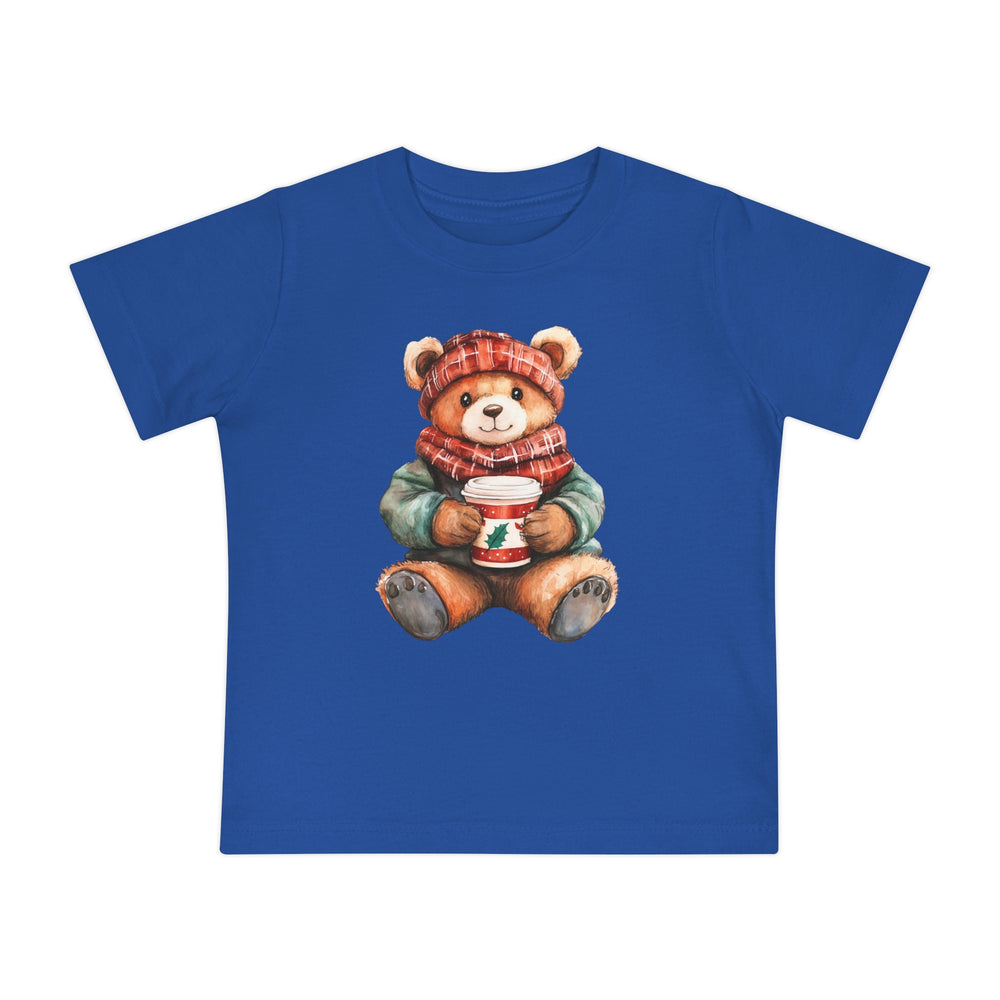 Old Money Baby Tee: Blue children's t-shirt featuring a winter-themed teddy bear illustration with a red hat and scarf, holding a festive mug.