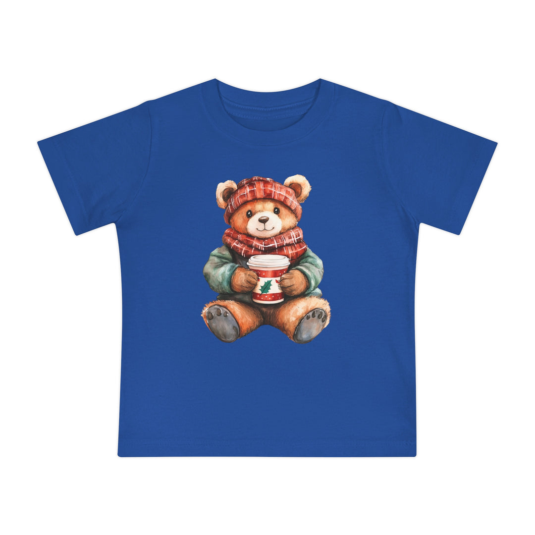 Old Money Baby Tee: Blue children's t-shirt featuring a winter-themed teddy bear illustration with a red hat and scarf, holding a festive mug.