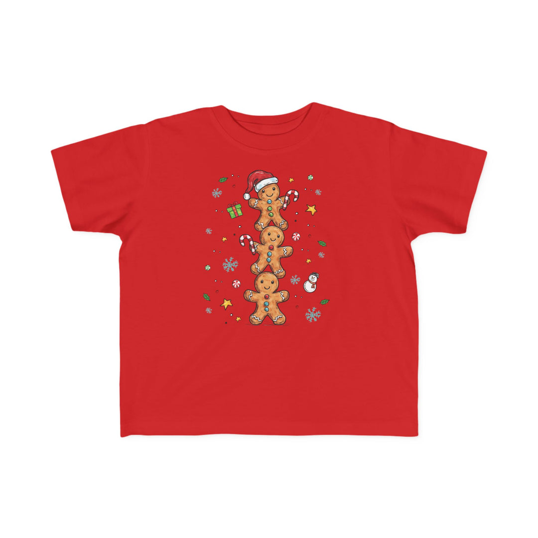 Gingerbread Stack Toddler Tee featuring festive gingerbread figures and holiday motifs on a soft, durable cotton shirt, perfect for toddlers' sensitive skin.