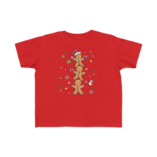 Gingerbread Stack Toddler Tee featuring festive gingerbread figures and holiday motifs on a soft, durable cotton shirt, perfect for toddlers' sensitive skin.