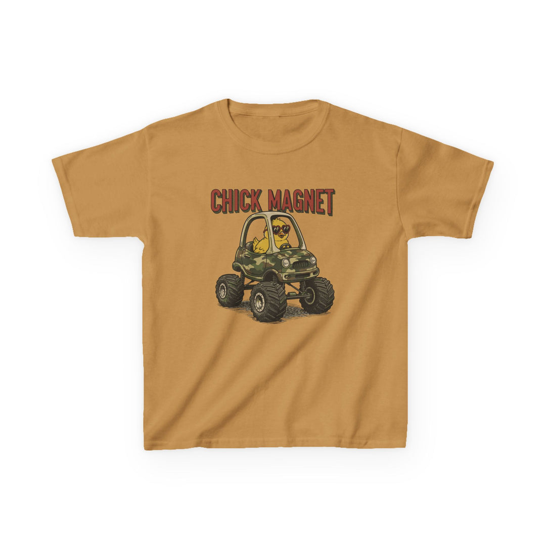 Chick Magnet Kids Tee featuring a cartoon chick in sunglasses driving a camo monster truck, ideal for everyday wear with durable, soft cotton fabric.