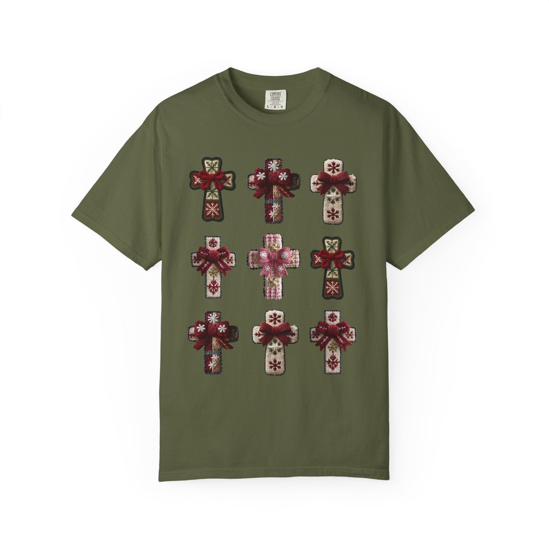 Crosses Tee featuring nine decorative cross motifs with snowflake patterns and red bows on an olive-green Comfort Colors T-shirt, offering style and comfort.