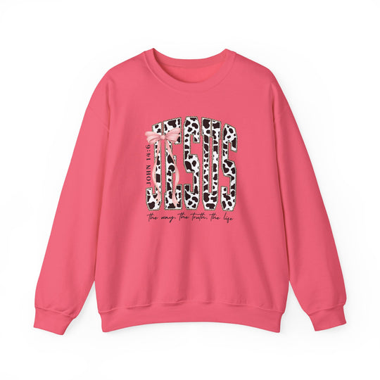 John 14:6 Crew pink sweatshirt with JESUS in animal print and a bow, featuring John 14:6 and The way. The truth. The life. tagline.