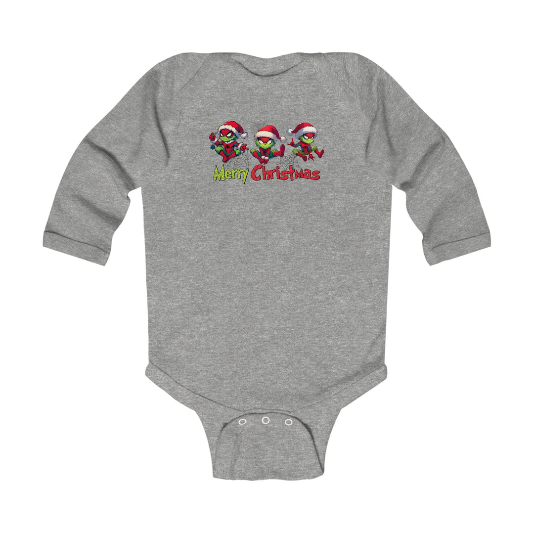 Heather-gray Spider Onesie featuring festive Grinch-style characters with Santa hats, Merry Christmas text, and snap closures for easy diaper changes.