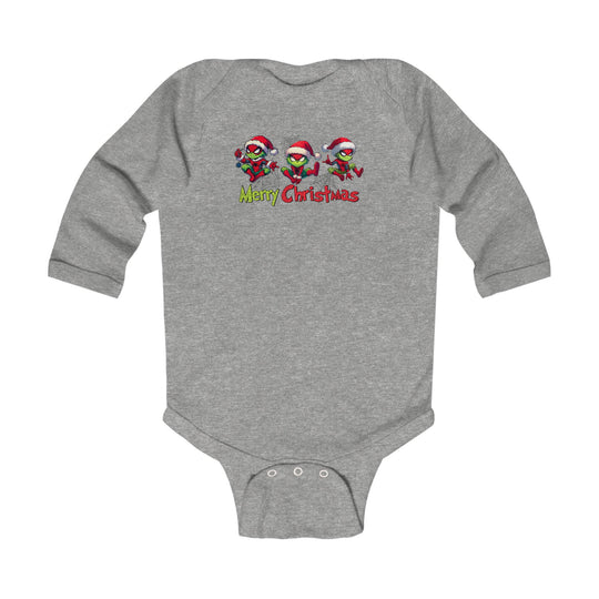 Heather-gray Spider Onesie featuring festive Grinch-style characters with Santa hats, Merry Christmas text, and snap closures for easy diaper changes.