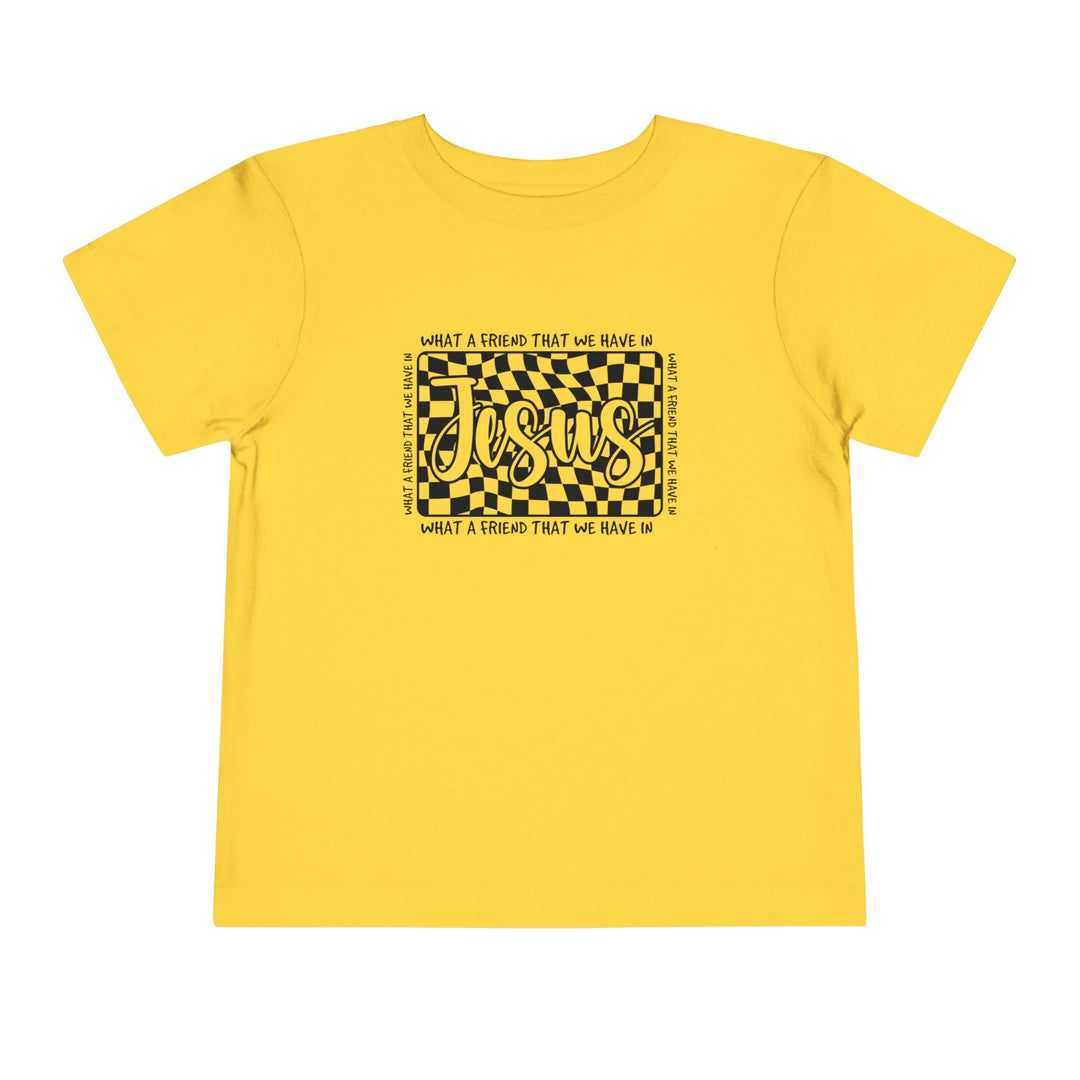 What a Friend We Have in Jesus Toddler Tee: A comfortable, short sleeve Bella Canvas t-shirt for toddlers, made of 100% Airlume combed cotton with a tear-away label.