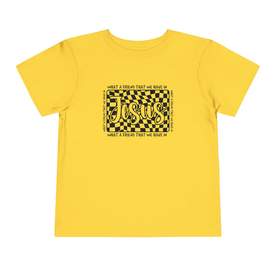 What a Friend We Have in Jesus Toddler Tee: A comfortable, short sleeve Bella Canvas t-shirt for toddlers, made of 100% Airlume combed cotton with a tear-away label.