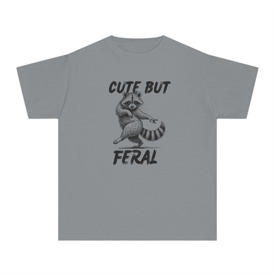 Cute but Feral Kids Tee features a playful raccoon illustration with CUTE BUT above and FERAL below, perfect for active kids seeking comfort and style.