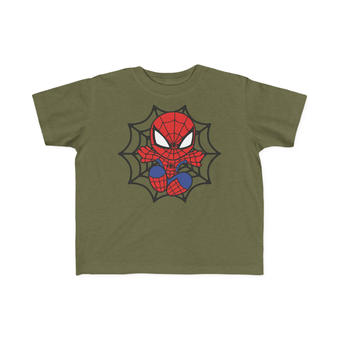 Spider Kid Toddler Tee featuring a cartoon Spider-Man in a black spiderweb on an olive-green, short-sleeve shirt, laid flat, showcasing toddler-friendly design.