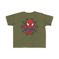Spider Kid Toddler Tee featuring a cartoon Spider-Man in a black spiderweb on an olive-green, short-sleeve shirt, laid flat, showcasing toddler-friendly design.