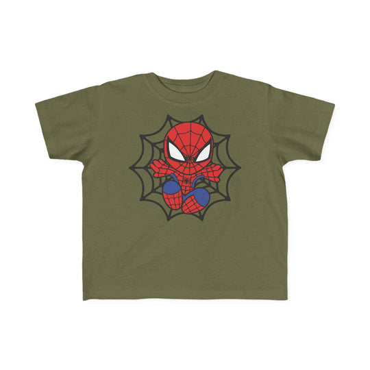 Spider Kid Toddler Tee featuring a cartoon Spider-Man in a black spiderweb on an olive-green, short-sleeve shirt, laid flat, showcasing toddler-friendly design.