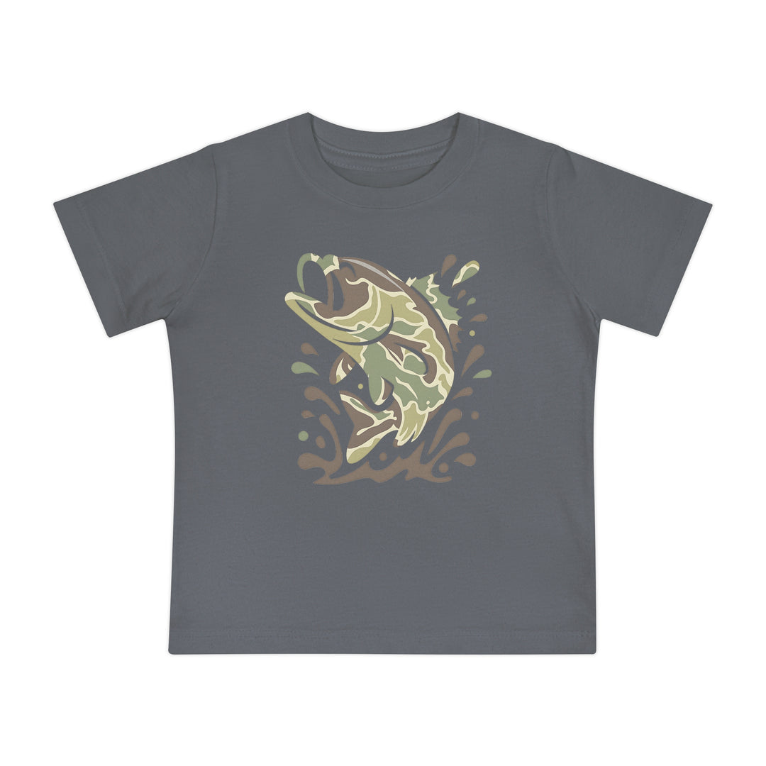 Camo Fish Baby Tee: Children's slate-gray T-shirt featuring a camouflage-style fish graphic leaping from water, crafted from soft, shrink-resistant, pre-shrunk cotton for comfort and durability.