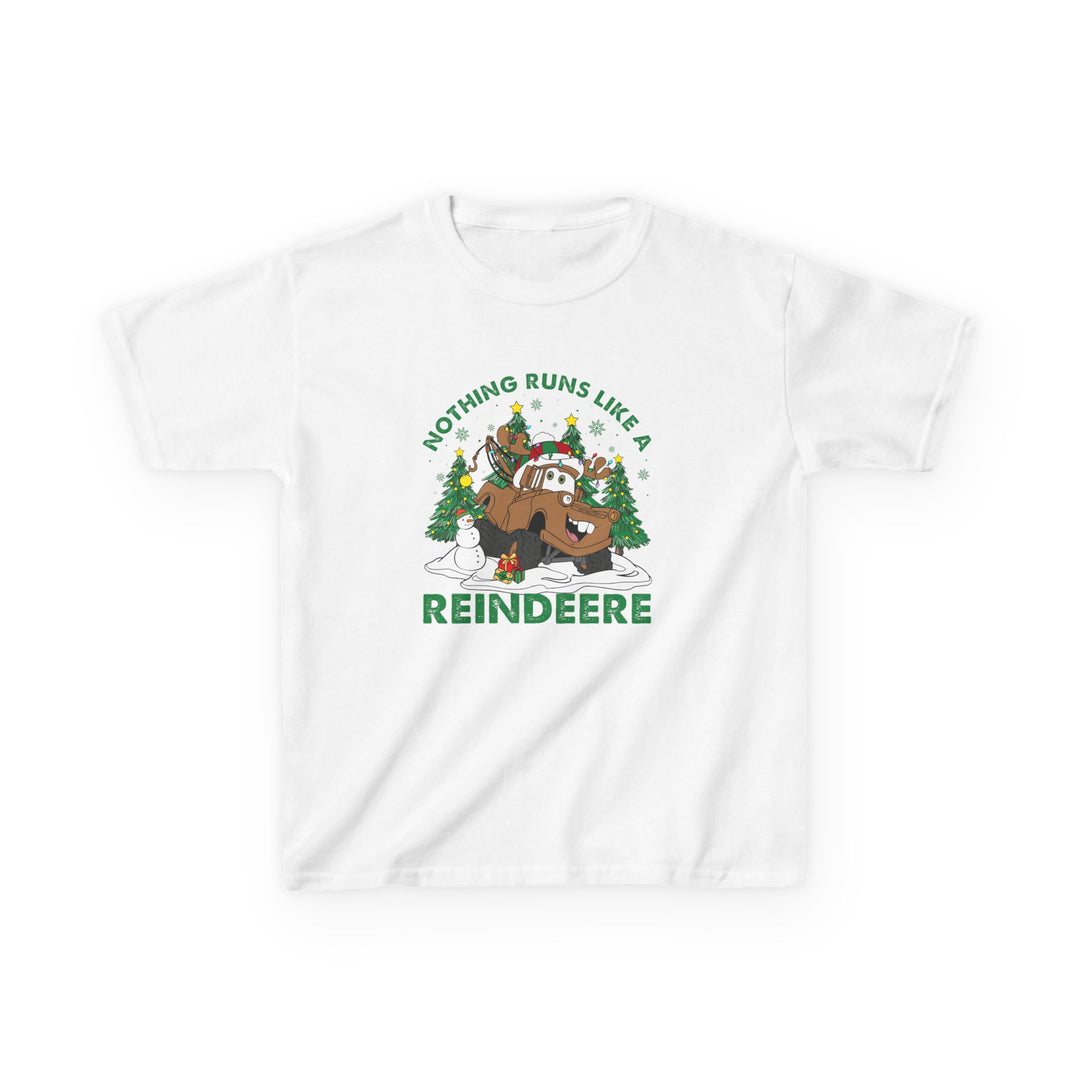 Reindeere Kids Tee features a festive cartoon tow-truck as a reindeer, surrounded by Christmas trees, snowflakes, and a snowman, ideal for holiday fun.