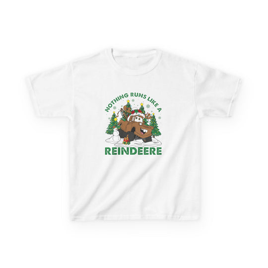 Reindeere Kids Tee features a festive cartoon tow-truck as a reindeer, surrounded by Christmas trees, snowflakes, and a snowman, ideal for holiday fun.