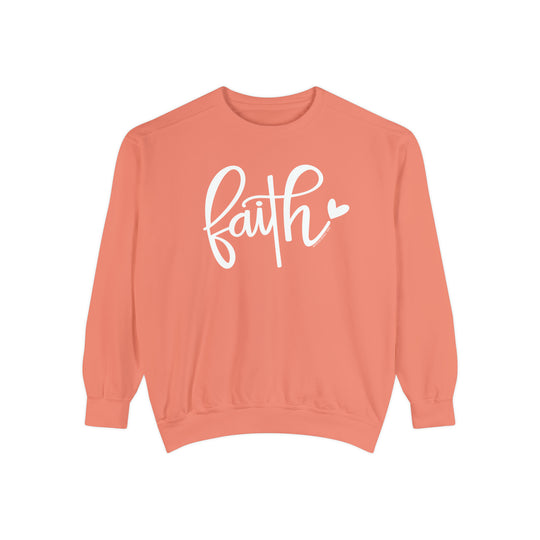 Unisex Faith Crew sweatshirt in pink with white text. Made of 80% ring-spun cotton and 20% polyester, featuring a relaxed fit and rolled-forward shoulder. From Worlds Worst Tees.