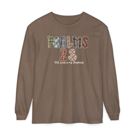 Psalms 23 Long Sleeve Tee featuring multicolored, plaid-patterned PSALMS 23 and cursive The Lord is my Shepherd on soft, garment-dyed, 100% ring-spun cotton fabric.