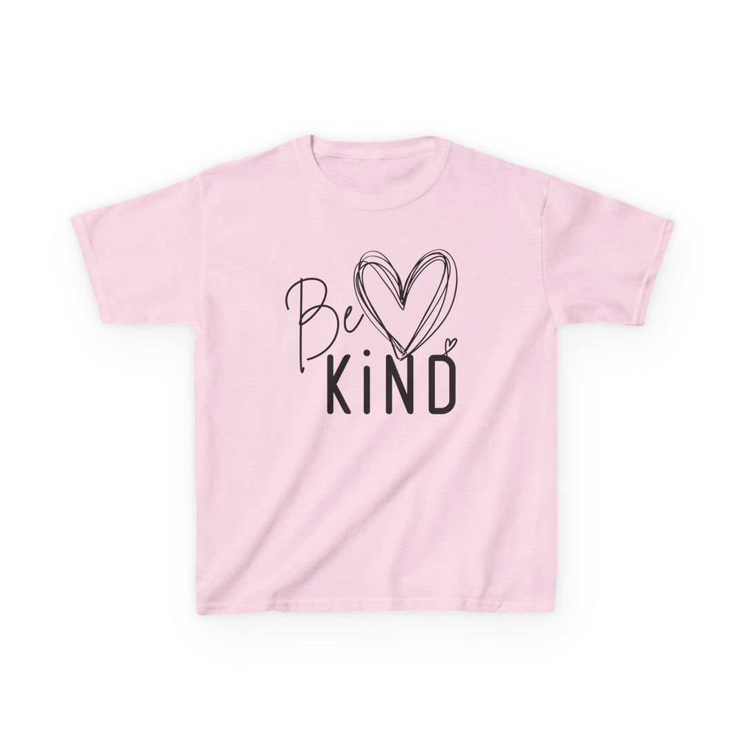 Be Kind Kids Tee features a light pink, short-sleeve design with a hand-drawn Be KiND graphic and heart accents, emphasizing a soft, durable cotton fabric.