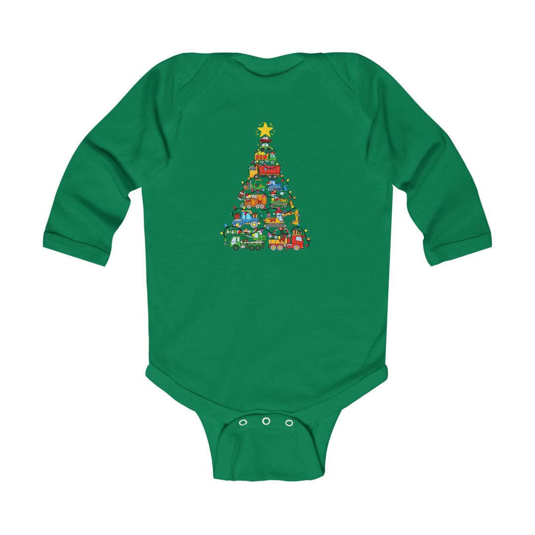 Christmas Truck Tree Onesie: Green baby bodysuit featuring festive cartoon vehicles arranged as a Christmas tree, with snap closures for easy changing. Ideal for holiday celebrations.