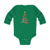 Christmas Truck Tree Onesie: Green baby bodysuit featuring festive cartoon vehicles arranged as a Christmas tree, with snap closures for easy changing. Ideal for holiday celebrations.