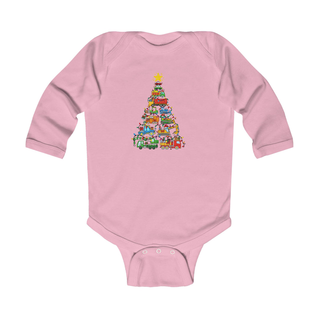 Christmas Truck Tree Onesie: Pink infant onesie featuring a Christmas tree made of cartoon vehicles, string lights, and gifts. Soft, durable, with easy-change snaps.