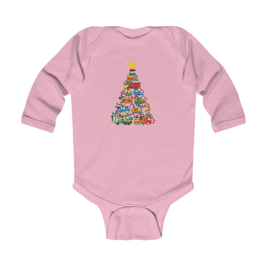 Christmas Truck Tree Onesie: Pink infant onesie featuring a Christmas tree made of cartoon vehicles, string lights, and gifts. Soft, durable, with easy-change snaps.
