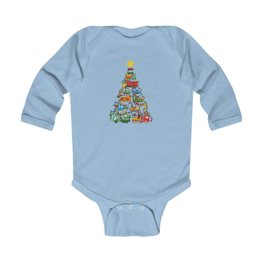 Christmas Truck Tree Onesie: Light-blue bodysuit with whimsical toy truck Christmas tree graphic, long sleeves, and snap closures, designed for durability and comfort for infants.