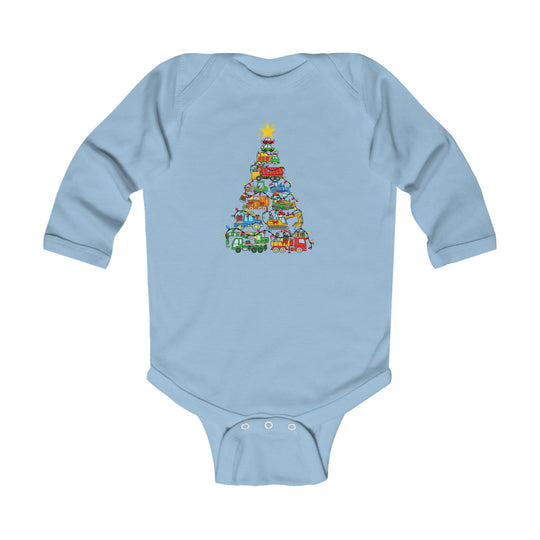 Christmas Truck Tree Onesie: Light-blue bodysuit with whimsical toy truck Christmas tree graphic, long sleeves, and snap closures, designed for durability and comfort for infants.