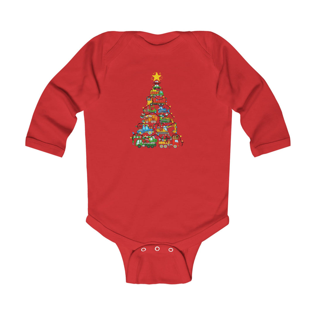 Christmas Truck Tree Onesie: Red long-sleeve baby bodysuit featuring a festive vehicle stack graphic, designed for comfort and durability with easy-change snaps and ribbed bindings.